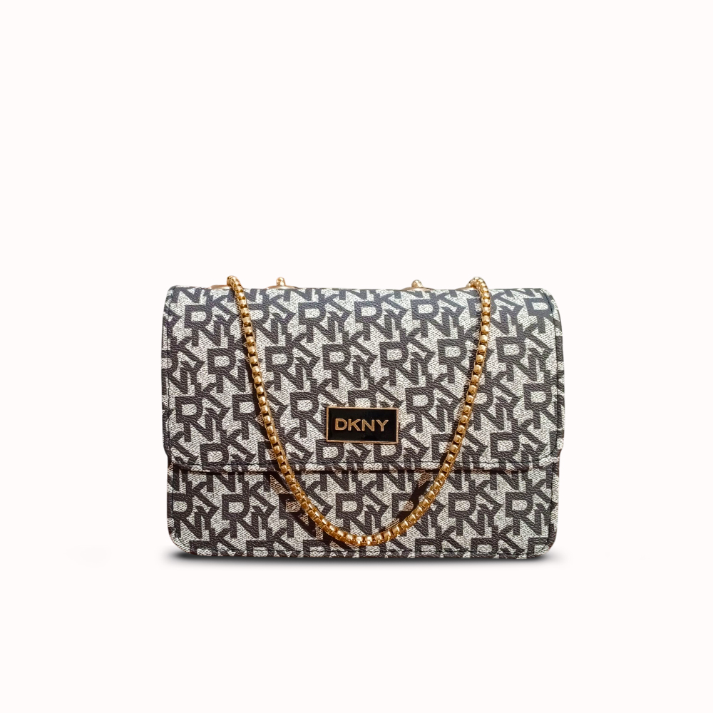 DKNY Shoulder Bag – Elegant Designer Crossbody Handbag with Signature Logo Print, Gold-Tone Chain Strap & Flap Closure – Stylish and Durable PU Leather Purse for Women – Perfect for Casual, Office & Evening Outfits.
