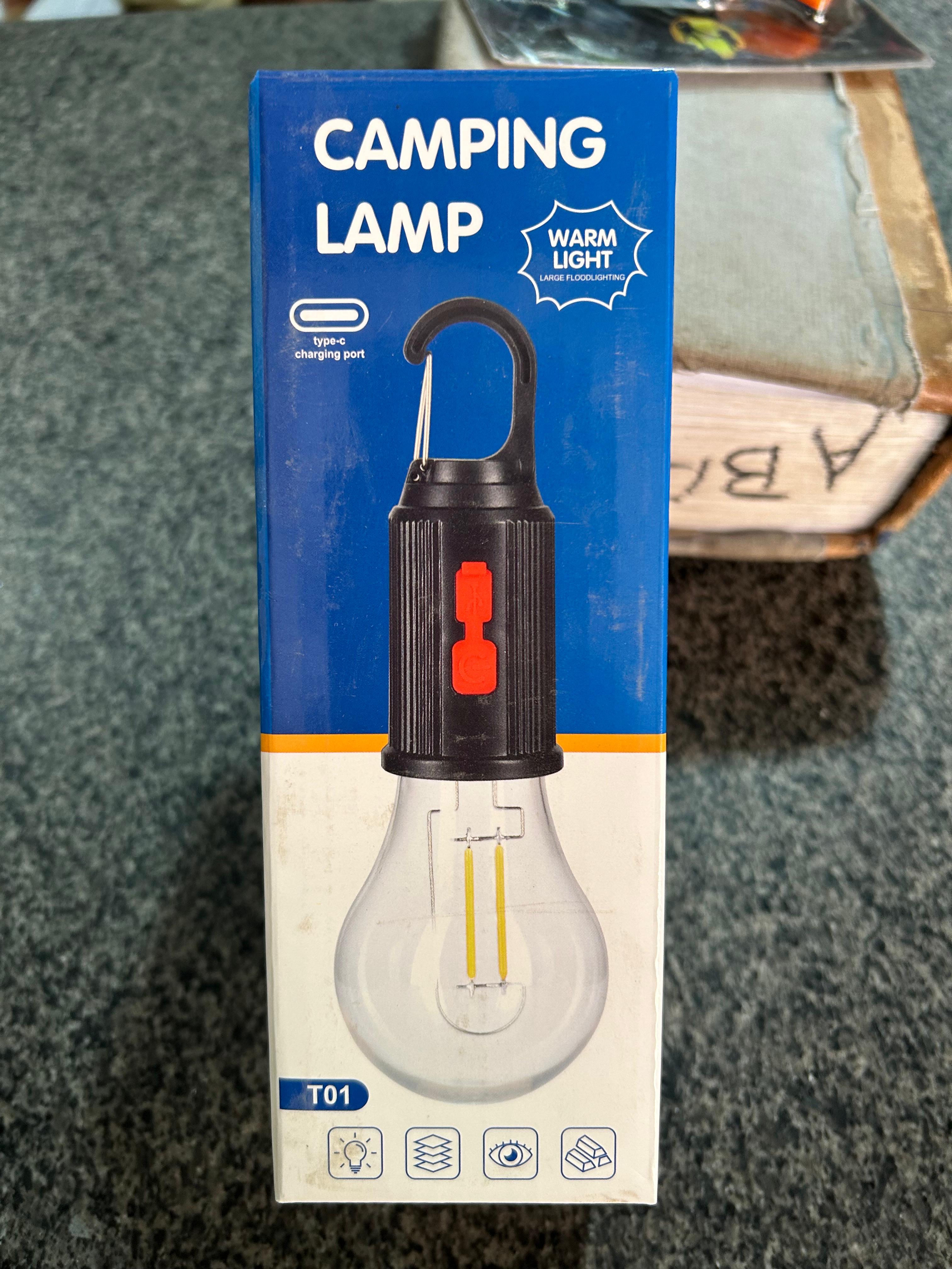 Portable LED Camping Lamp with Hook – USB Rechargeable Warm Light Emergency Bulb for Outdoor, Hiking & Home Backup