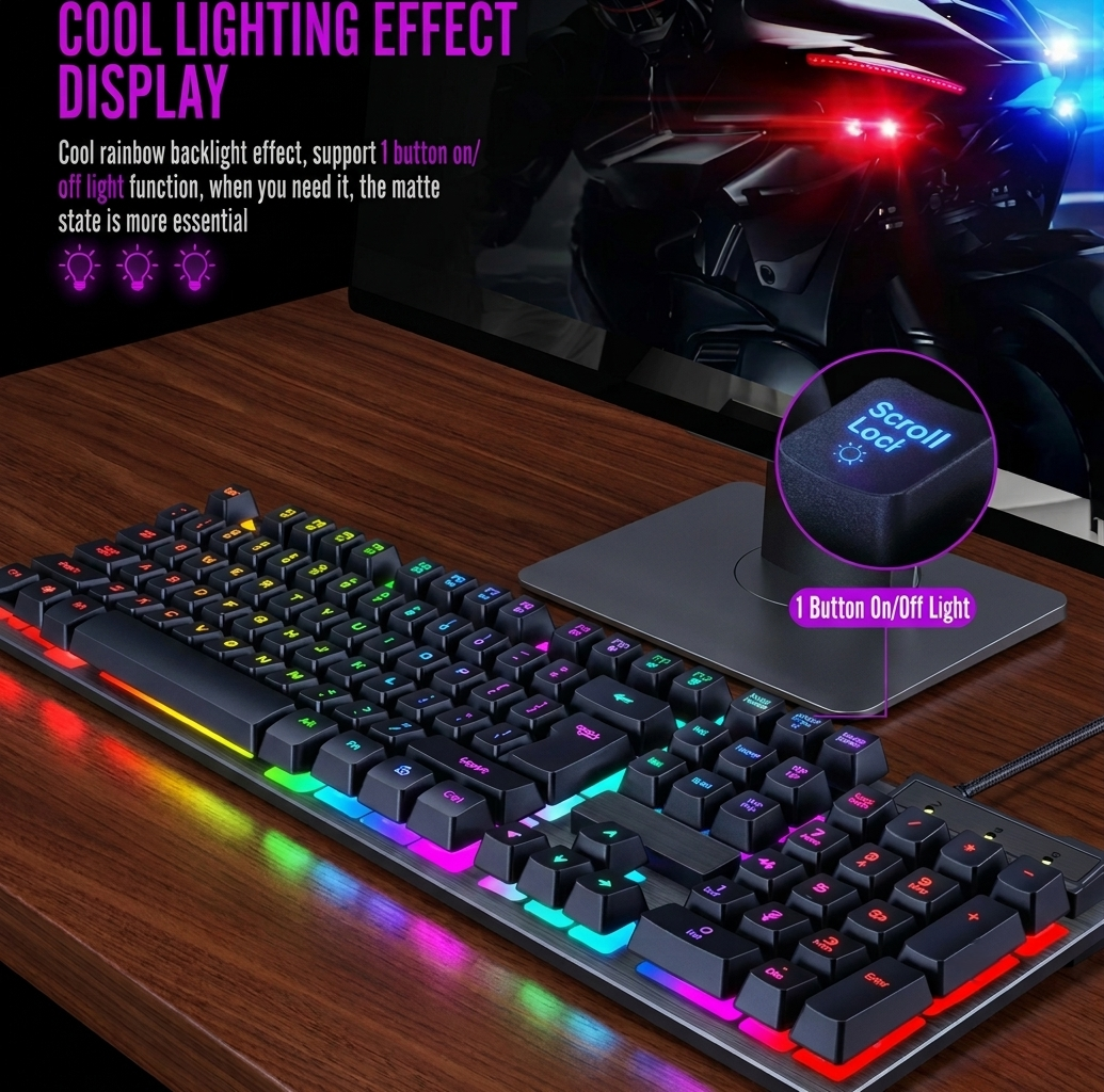 RGB Gaming Keyboard & Mouse Combo - 7 Colour Wired RGB Mouse and Keyboard Set - USB Wired Pack For PC & Laptop - Black & White