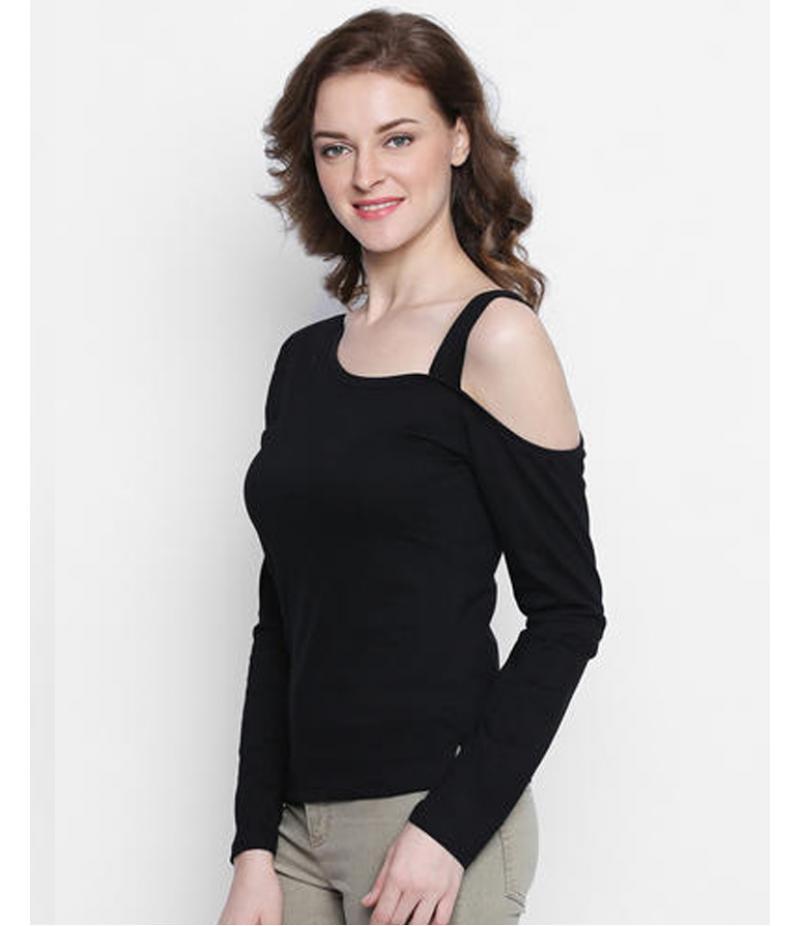 Cold Shoulder One Side Drop Shoulder Tops Cotton Plain Ladies Cold