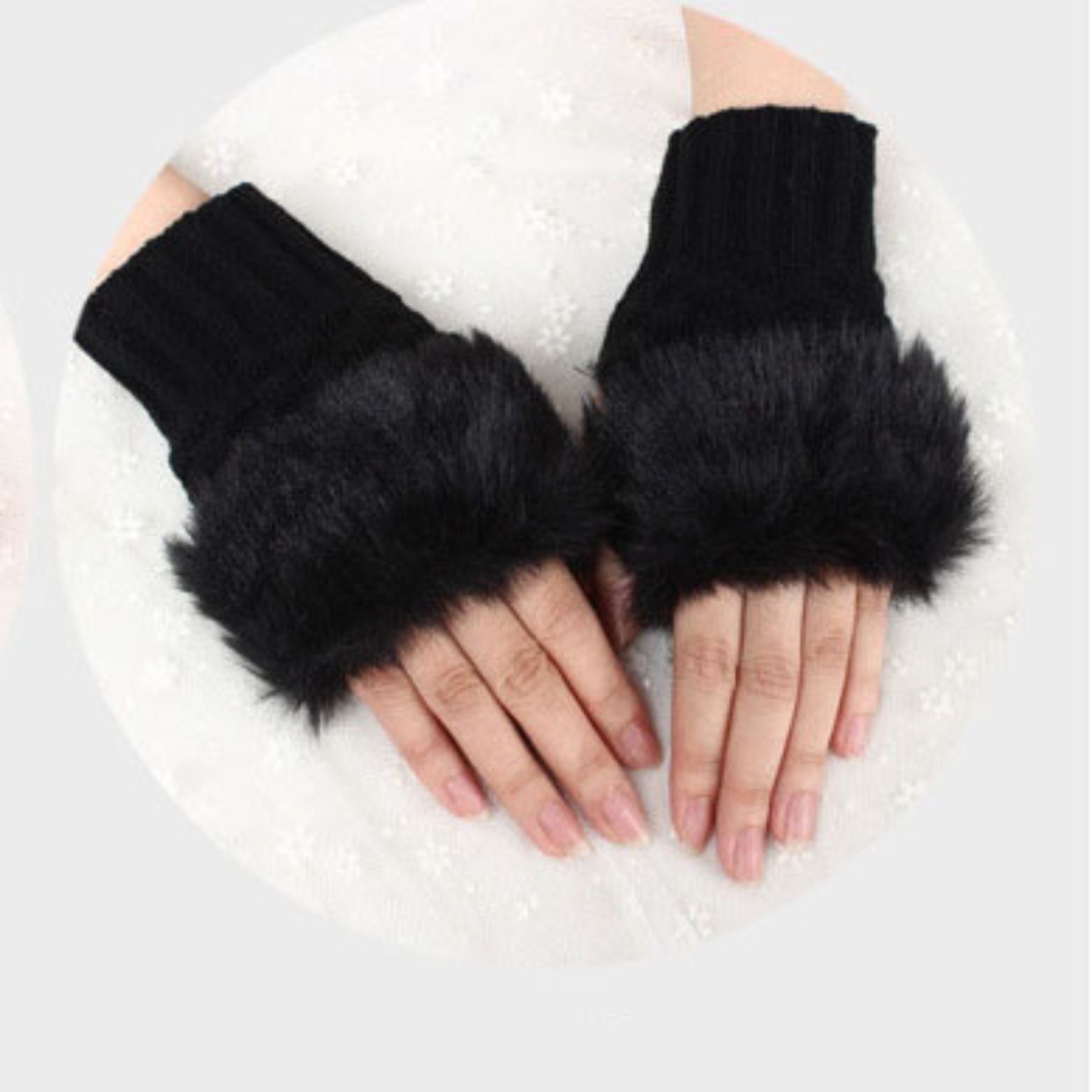 Fashion Women Faux Rebbit Fur Hand Wrist Warmer Winter Fingerless Knitted Gloves