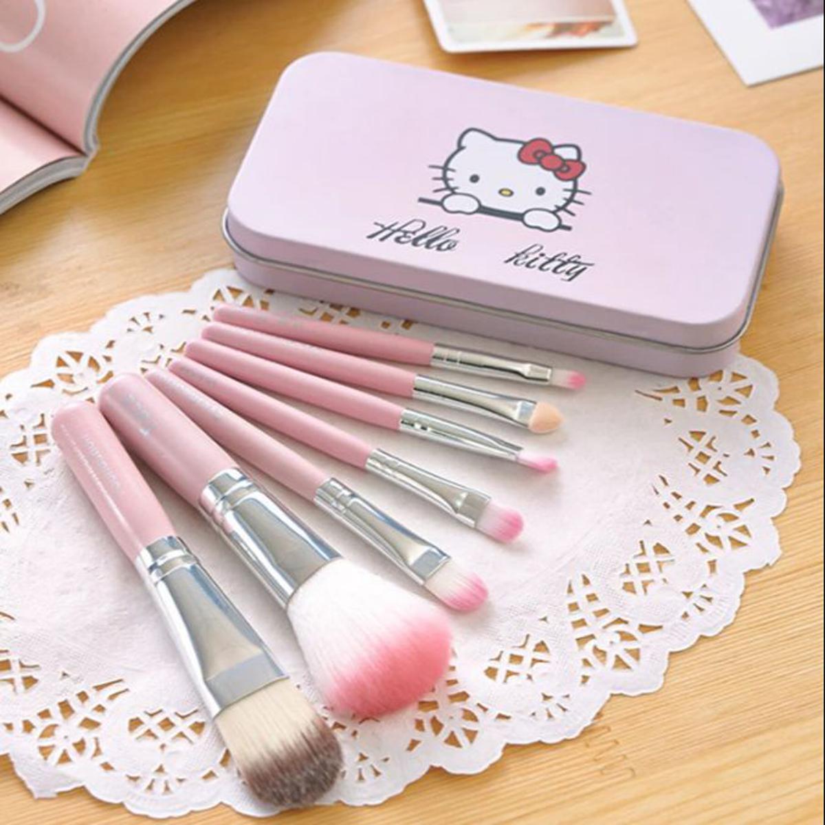 Hello Kitty Brushes Set pack of 7 Cute Shape Kitty Professional Makeup Brush Set Pink Color Iron Box Beauty New Cartoon Tools,  Lip Brush, Face Brush, Shader, Eye Shadow Brush, Foundation Brush, Angled Eyeliner, and Eye Shades stick