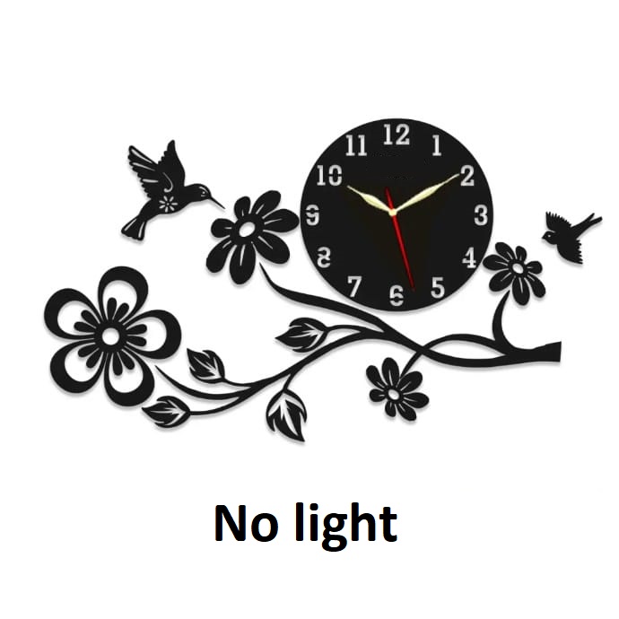 3D Wooden Wall Clock with LED Light Long Nose Bird Flower Shape Home Decor