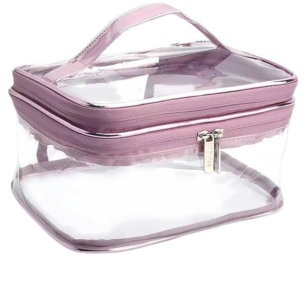Clear Makeup Bags, Travel Cosmetic Zipper Pouch for Women, Transparent Makeup Organizer Storage Case for MakeUp Brushes, Travel Toiletry Bags for Girls with Portable Handle (Pink (Double Layer))