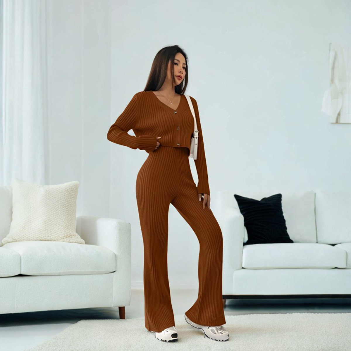 Ribbed Knit Coord Set Women’s Stylish Matching Two-Piece Outfit Soft Fabric