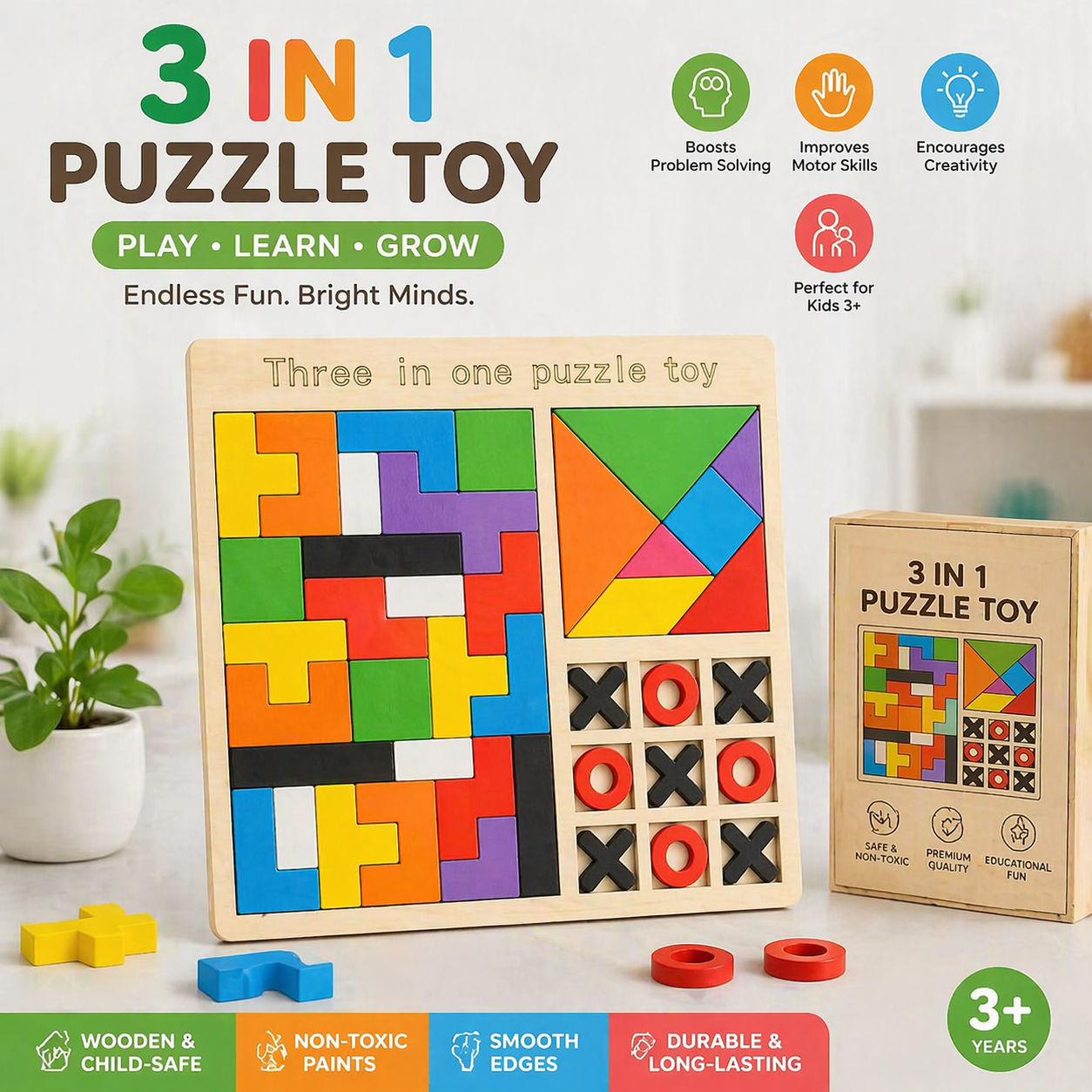 3 in 1 Wooden Puzzles for Kids – ABC, Shapes & Numbers | Wooden Puzzle Game for Toddlers & Early Learning | 3D Wooden Puzzle for Kids & Adults | Fun Educational Wooden Puzzles & Toys