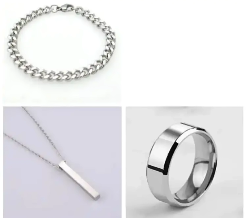 3 Piece Fashion Charm Jewelry For Men Best Quality Stainless steel 3D Bar Stick Locket +Stainless steel Titanium Silver Ring +Stainless steel Silver Chain Bracelet For Boys And Men
