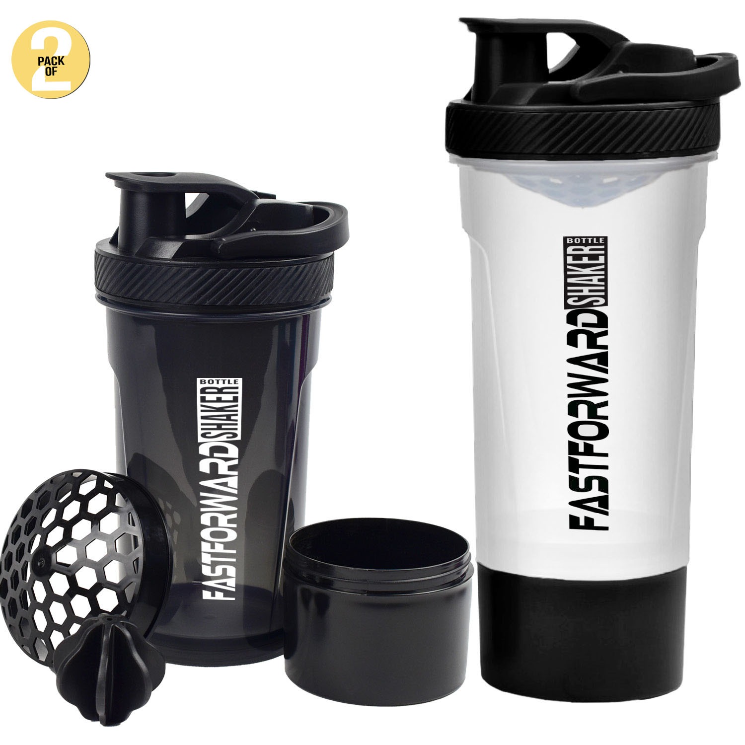 Fast Forward Shaker Bottle - 24 Ounce Protein Shaker Plastic Bottle for Pre & Post workout with Twist and Lock Protein Box Storage Pack of 2