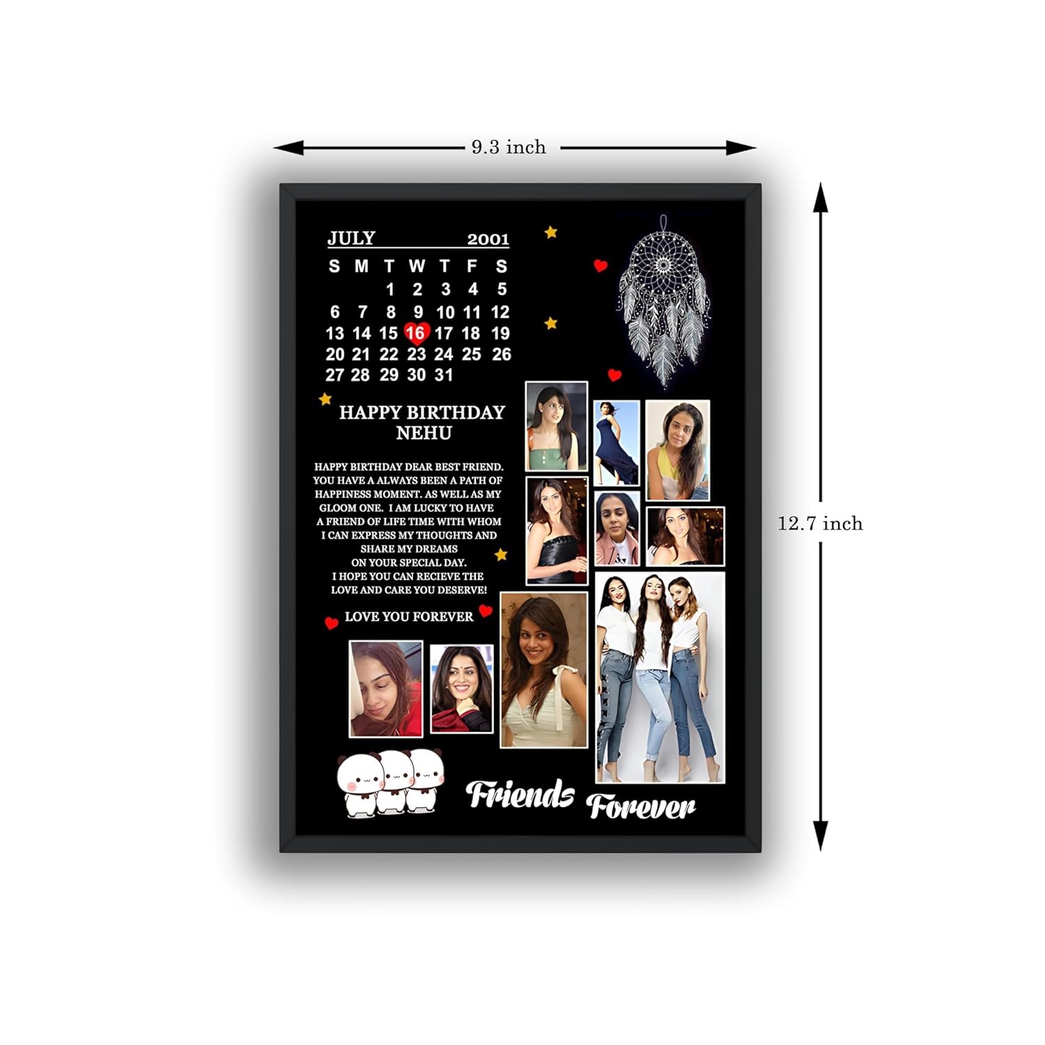 Customized 9x12 Photo Frame with Calendar Message and 10 Pictures Wood MDF Glass