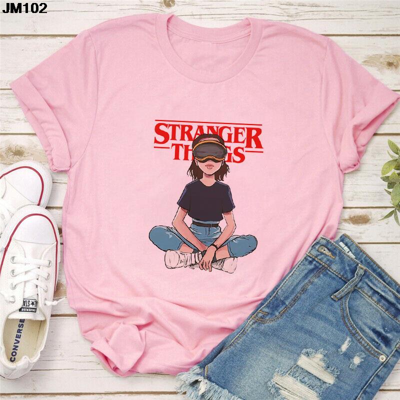STRANGER THINGS Classy Look Tag Printed Theme Summer Top Half Sleeve Tee Shirt Round Neck Cotton Trendy T-shirt Casual Tshirt Spring Wear Smart Fit Half Sleeve Tee Shirt for Women/Girls