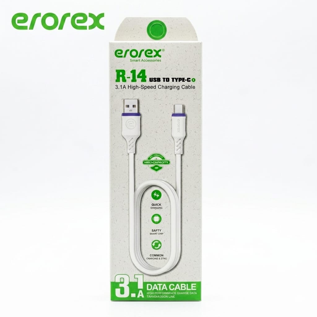erorex R-14 Micro USB Data Cable - 3.1A Fast Charging - High-Speed Data Sync - White