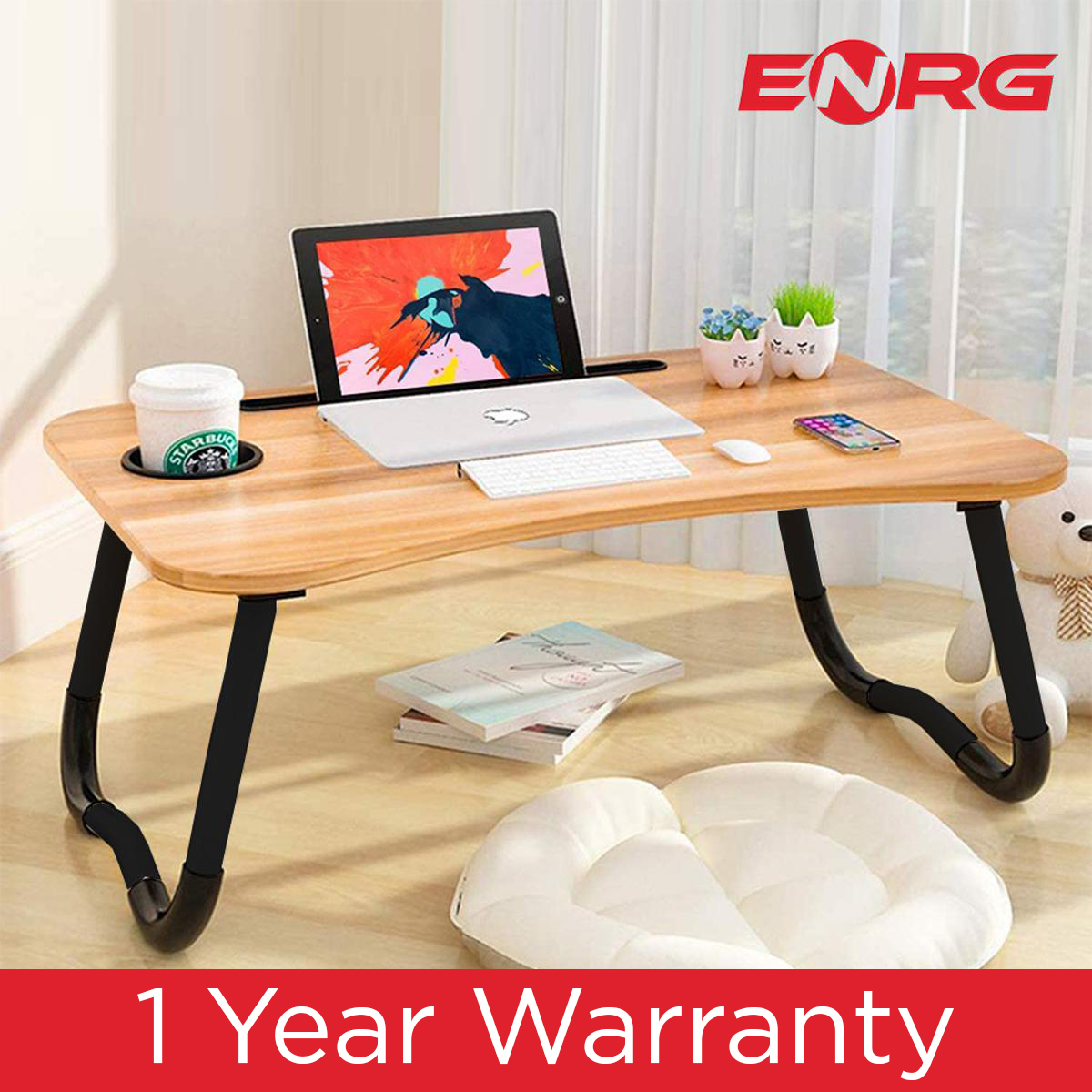 Energy - ENRG Wooden Gaming Laptop Table With Fan And Simple For Bed Foldable Stand Ergonomic Portable Drawing Notebook Reading Food Breakfast Serving With Inbuild Tablet And Cup Holder Slots Couch Black Brown Pink Yellow Green White Blue