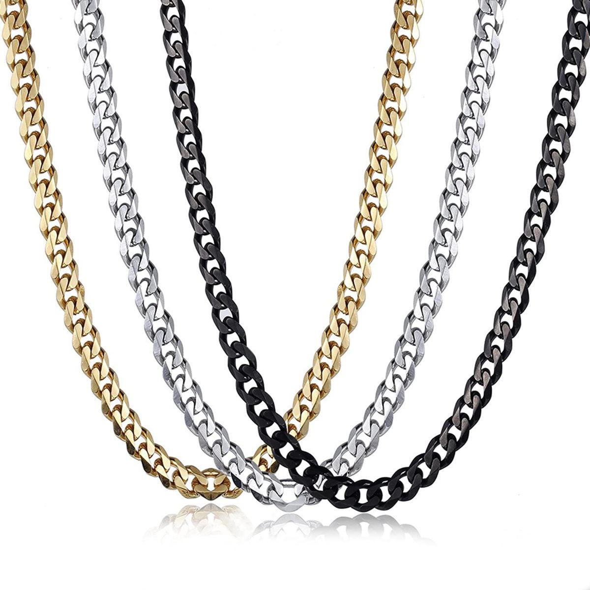 Pack of 3 Silver, Golden and Black Stainless Steel Cuban Chain for Men / Boys Neck