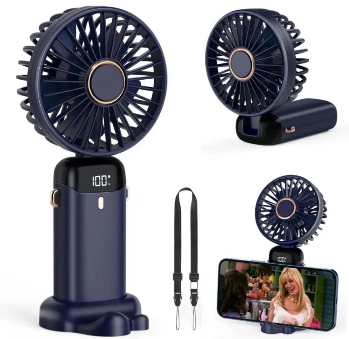 Premium Quality Portable handheld mini Fan 5 Speed Setting LED Digital Display Foldable USB Rechargeable Fan With Phone Stand personal Pocket Fan with layered base for home Quiet Operation Compact Design