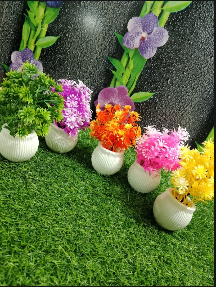 Pack of 5 Mini Plant Artificial Decoration Piece with pot Best for home & Office Decoration purpose