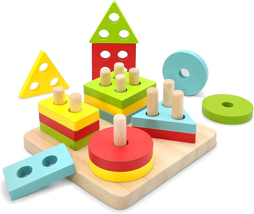 Wooden 4 Angle Geometric Building Blocks Building Stacker Shape Sorter Column Puzzle Stacking Toy Set Kids Montessori Toys for 1 2 3 Year Old Boys Girls,STEM Wooden Sorting and Stacking Gifts for Toddlers 1-3,Educational Learning Shape Sorter Puzzles for