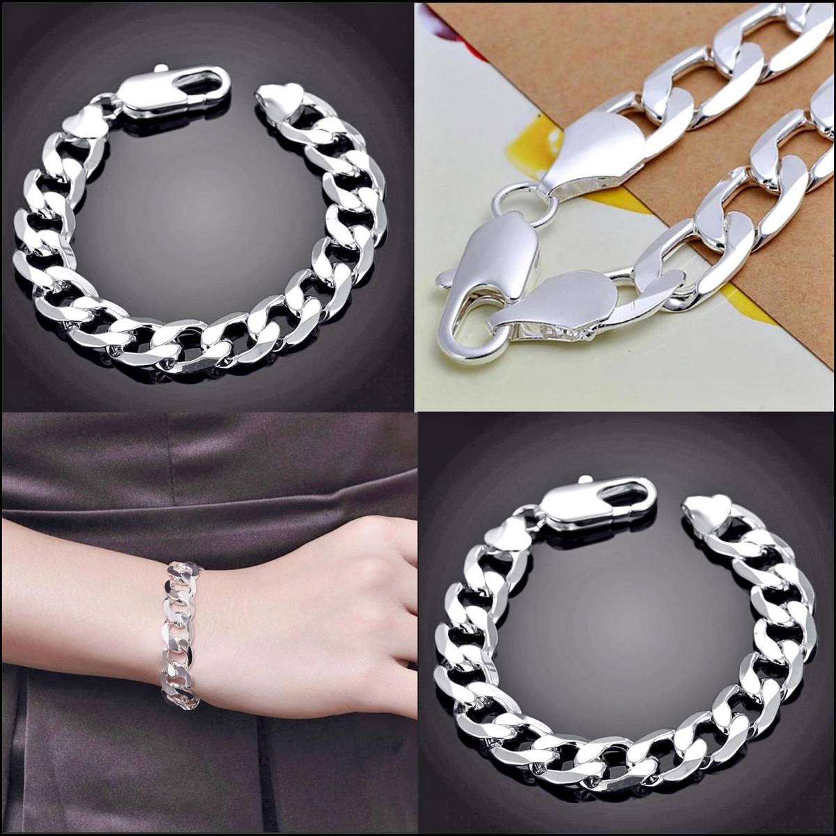 BH Wide Mens Solid Silver Junction Link Chain Curb Bracelet