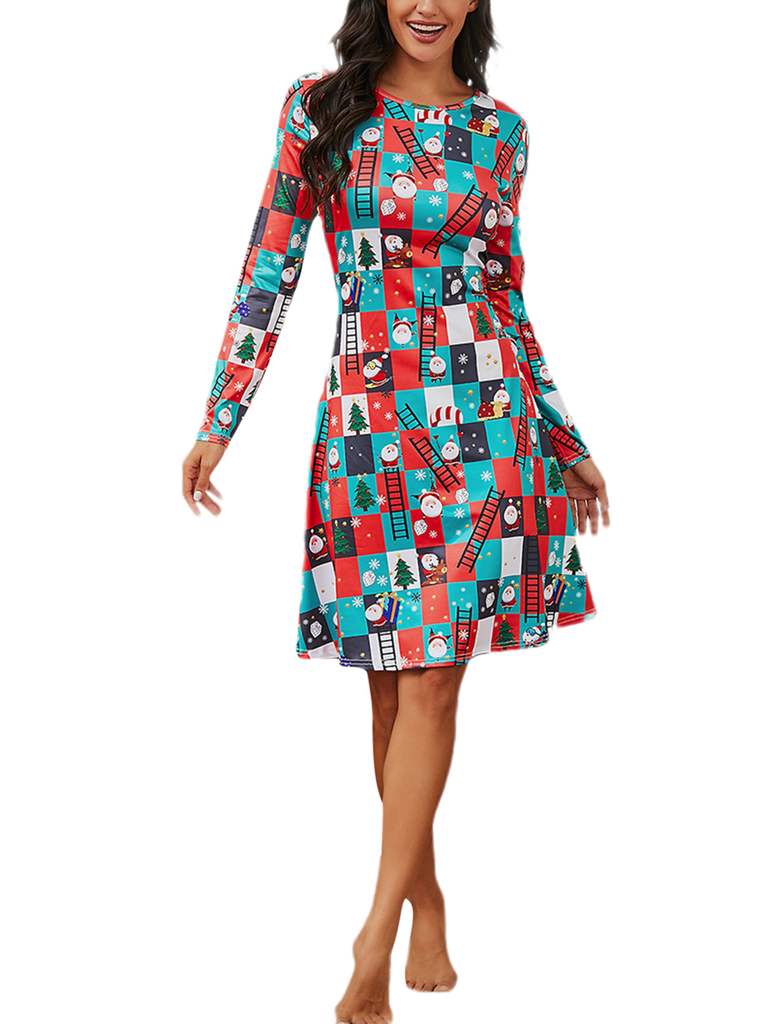 Women Christmas Red Dress Long Sleeve Round Collar Santa Claus And Snowflake Plaid Pattern One Piece Buy Online At Best Prices In Pakistan Daraz Pk