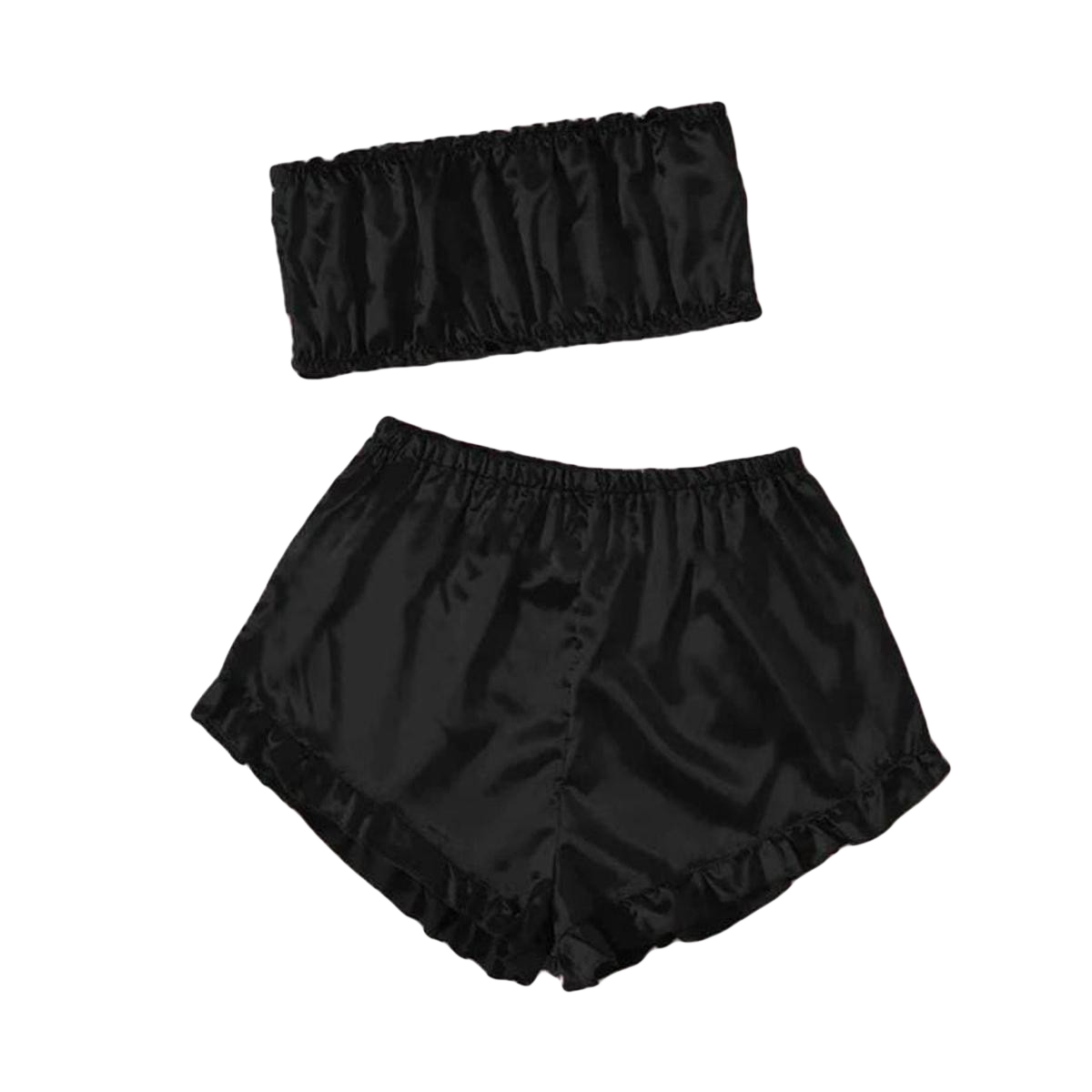 Amazing Black Hot Sexy Silk Ladies Sleep Wear Night Dress Frill Trim Tube Top and Shorts Set for Women