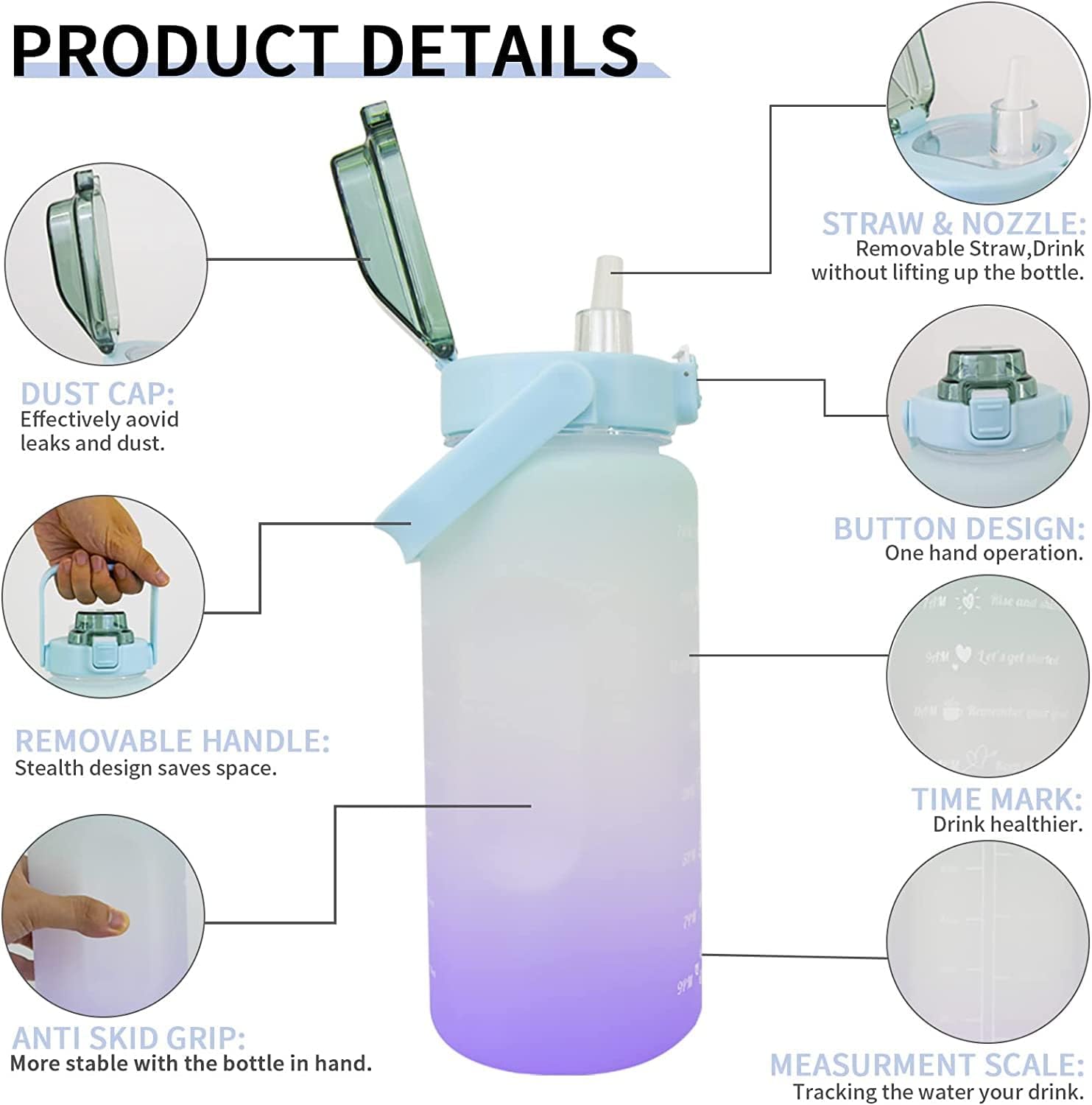 2000ml Motivational Water Bottle With Straw | 2L Gradient Color Drinking Water Bottle