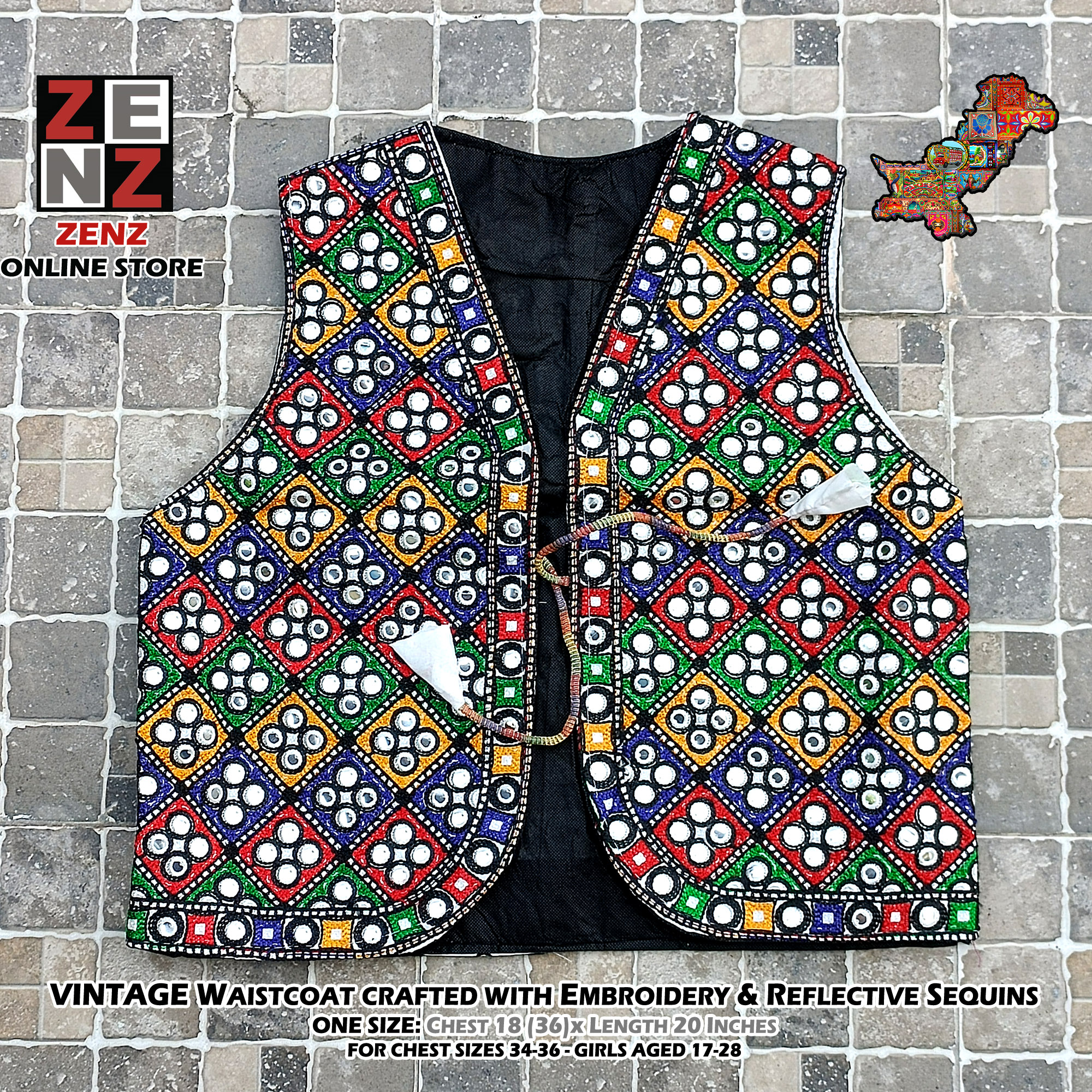 Pakistani Sindhi Balochi Kashmiri Traditional & Cultural Wear Waistcoat Koti Embroidered Zenz Multicoloured Embroidery for Girls & Women
