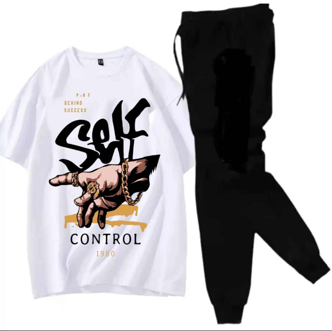 Trendy Self Control Printed Half Sleeves Cotton Jersey Shirt Summer Tracksuit T-Shirt & Trouser Gym Sports Outdoor Gaming Tracksuit for Men_Boys Party Wear