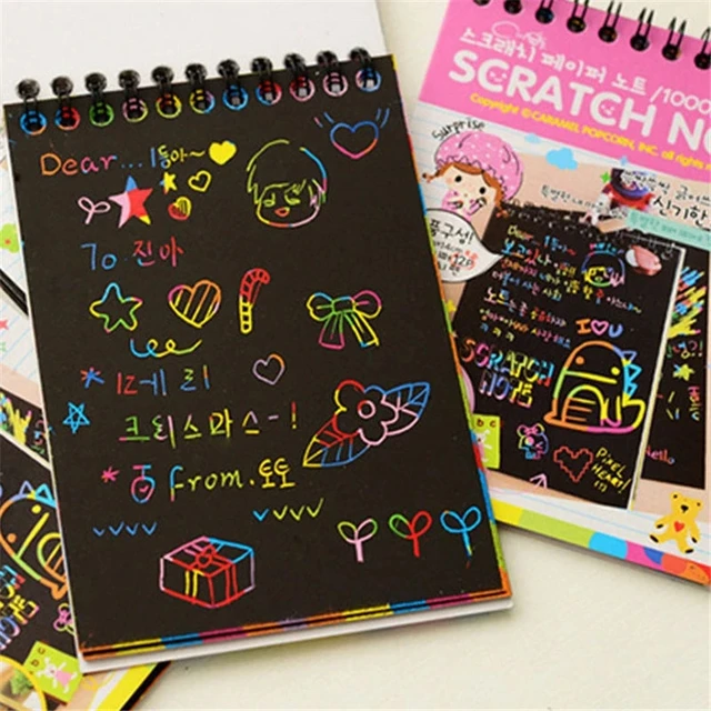 1Pcs Magic Color Rainbow Scratch Paper Note Book Scraping Painting Black DIY Drawing Toys Kid Doodle Novelty Pad Graffiti Cardboard Kids Children Toy School Supplies Art & Craft with wooden Stick size 10 cm x 14 cm 10 Sheets