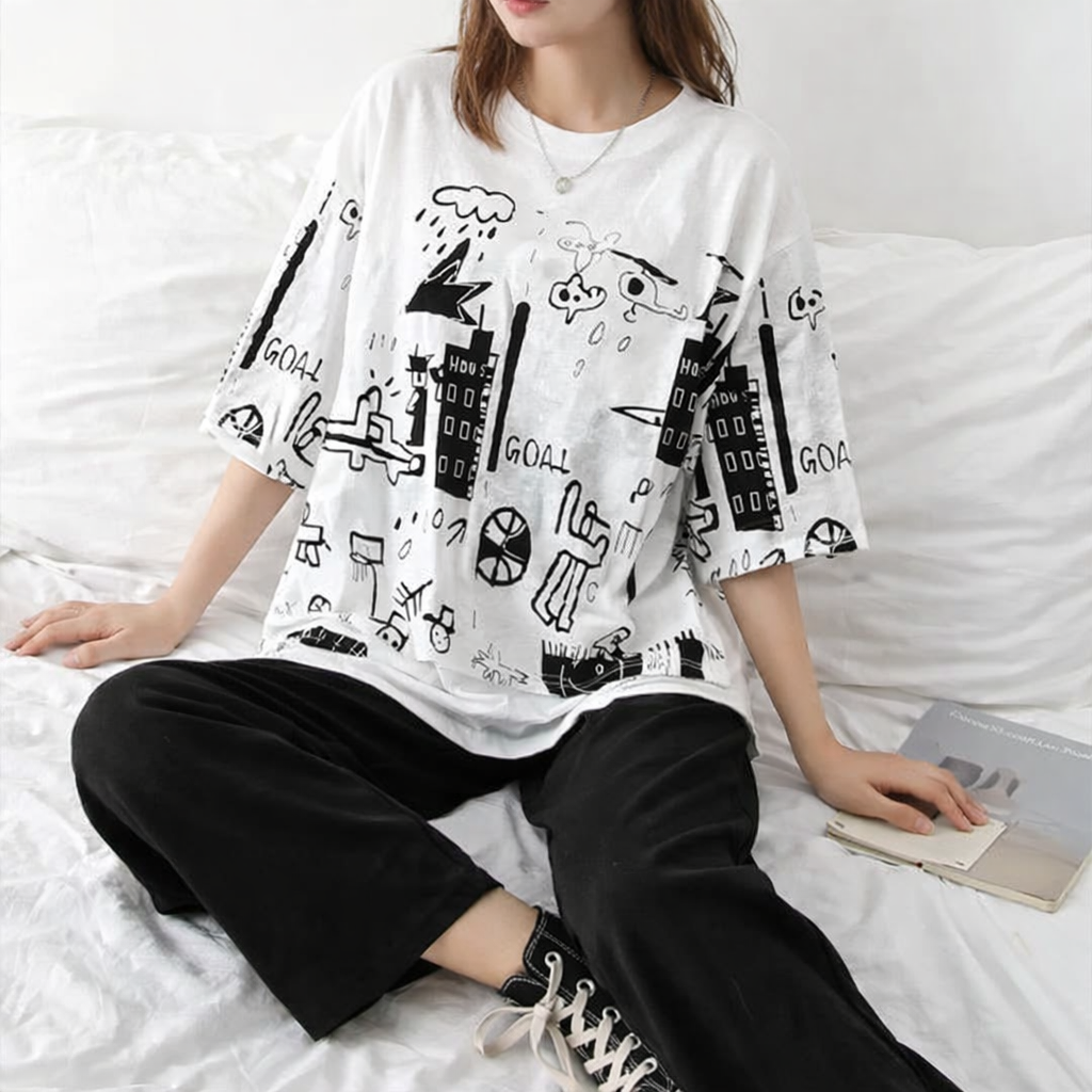 White Relax Fit Oversized T-Shirt and Trouser Set for Women & Girls – Summer Cotton Nightwear – Printed Lounge Wear for Home, Sleep & Casual Use – Soft Breathable Fabric – Round Neck Tee with Matching Trousers – Ideal for Girls, Teens, Ladies (S to XL)