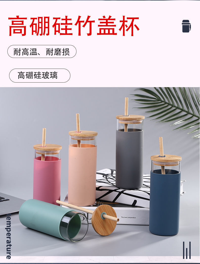 Creative Bamboo Cover Borosilicate Straw Glass Cup With Silicone Case Simple Milky Tea Cup Tumbler Plain