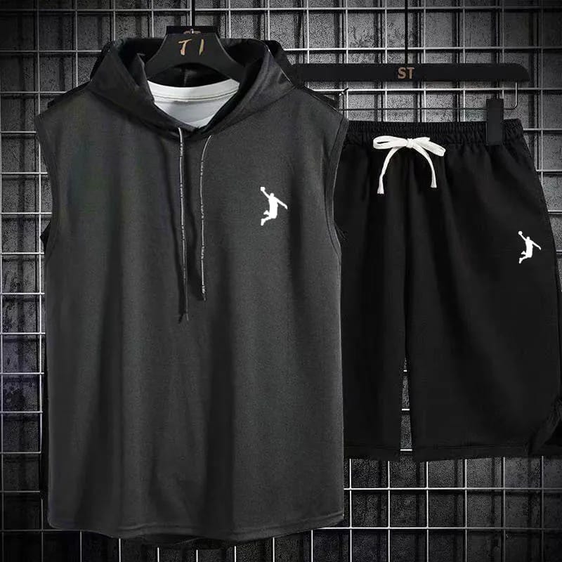 MEN'S SUMMER SLEEVELESS VEST MUSCLE HOODIE SHORT GYM TRAINING SPORTWEAR