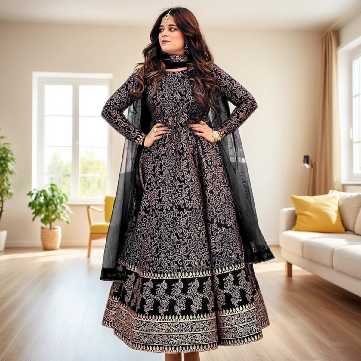 Elegant Luxurious Silk Maxi Dress Set with Matching Dupatta and Trouser - Golden Geometric Print, Full Length, Comfort Fit - Ideal for All Occasions