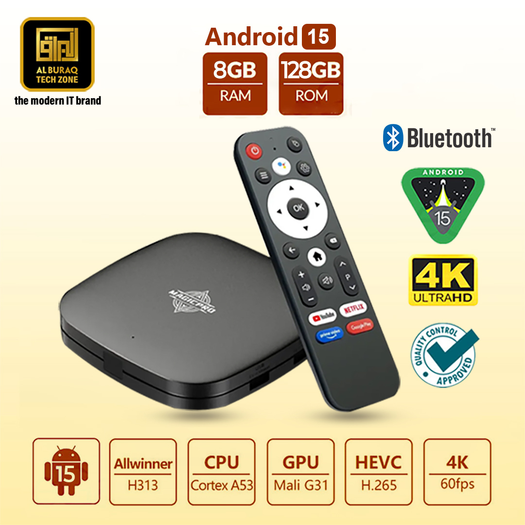 【High Performance】Magic Pro Android TV BOX | Original 2GB RAM & 8GB ROM (Showing 8GB-128GB) | Android 15 | 4K Resolution | Bluetooth voice Remote | Including Movies, & Webseries Apps Installed | Set top Box Smart TV by Al-Buraq Tech