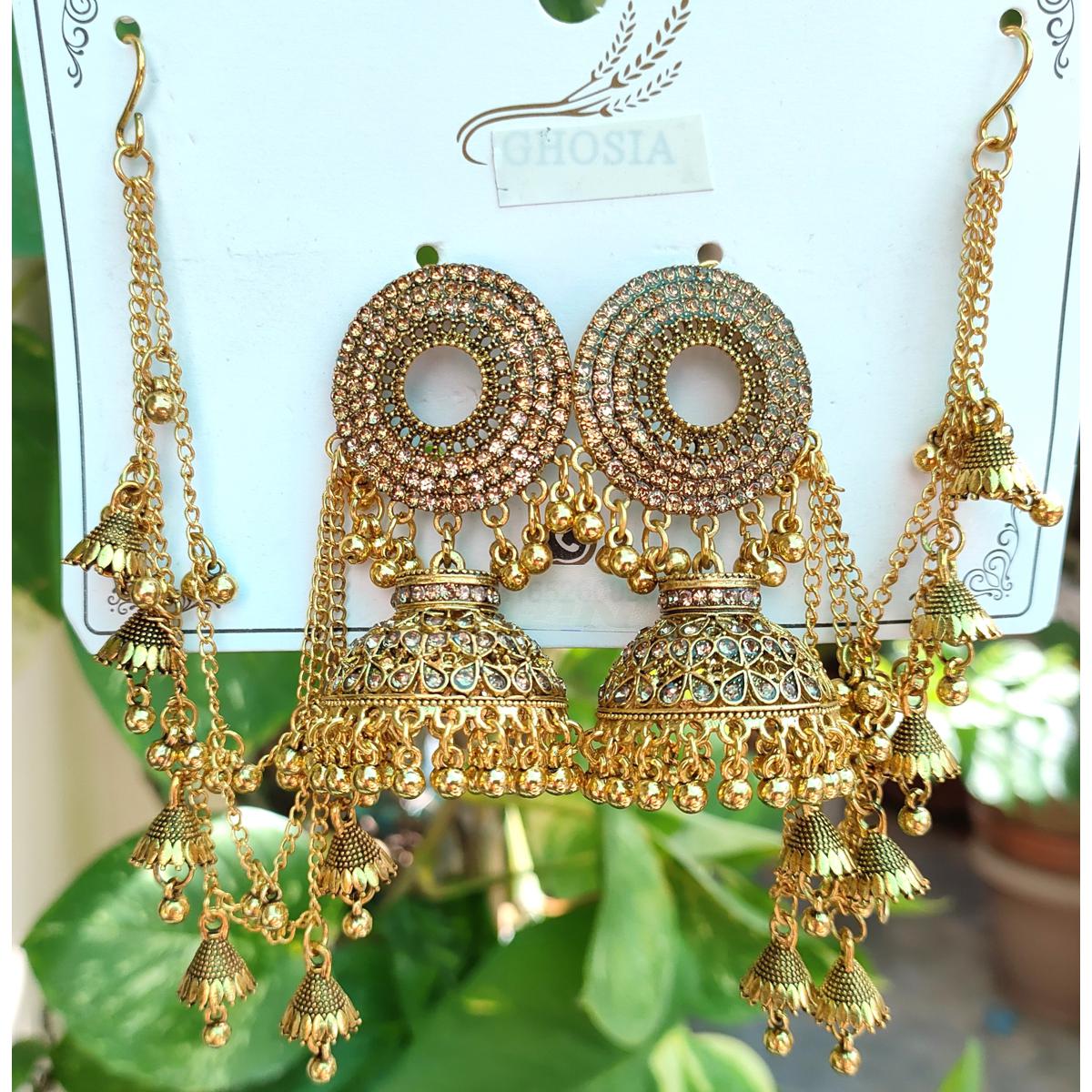 Beautiful Peach Golden Rhinestone Jhumka Bali with Pearls Sahara for Girls/Woman/Party/Weddings