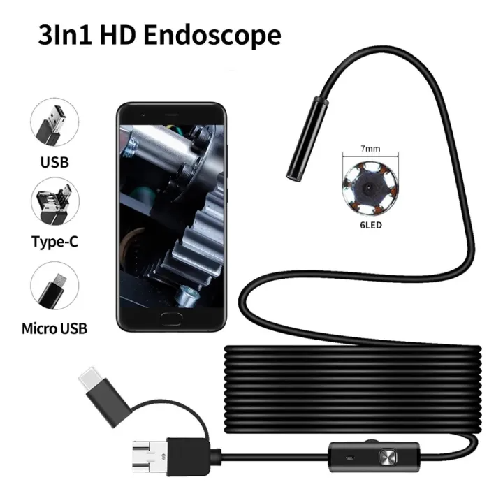 3-in-1 USB Type-C Endoscope Camera for Android – HD Waterproof Borescope with 6 LED Lights, Flexible Semi-Rigid Cable for Android Phones, PC, and Tablets – 2M/5M/10M Inspection Camera"
