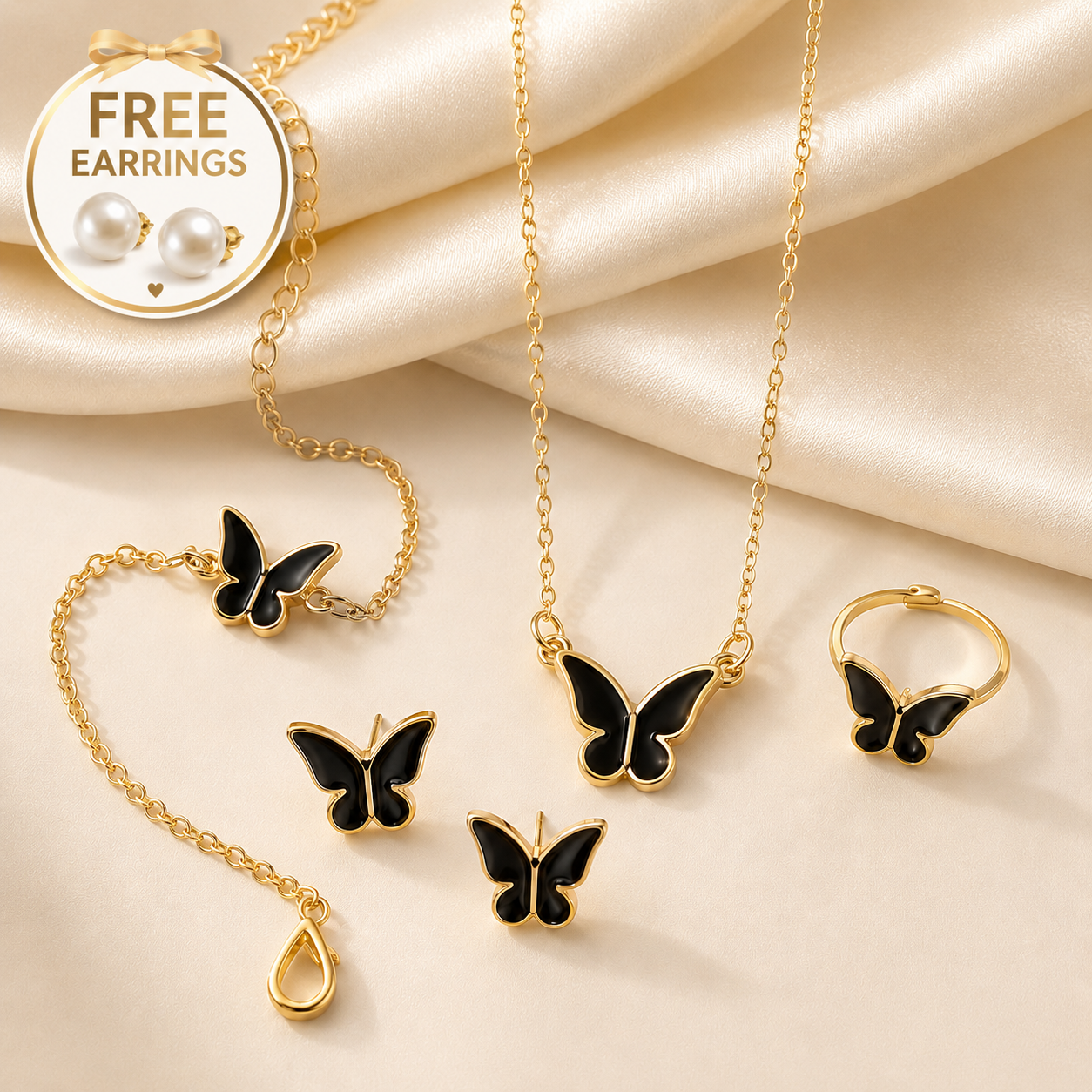 Butterfly Jewelry Set for Women | Black Butterfly Necklace Bracelet Ring & Earrings | Trendy Fashion Jewelry | Free Gift Earrings