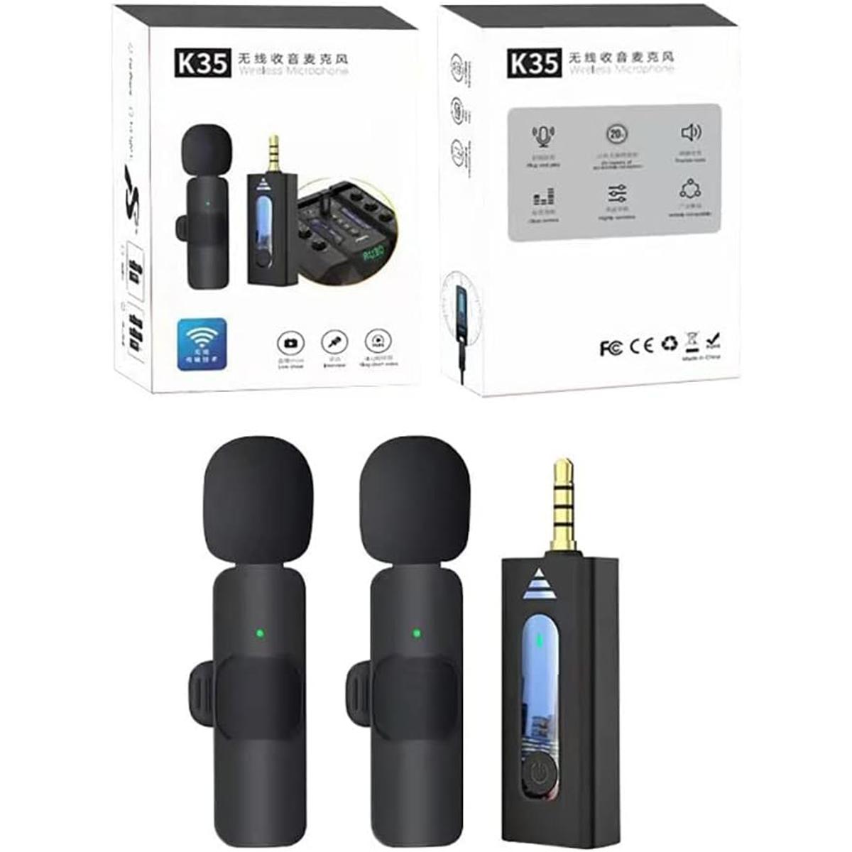 K35 2in1 Dual Wireless Lavalier Microphone | Intelligent Noise Reduction for Video Vlog Podcast Outdoor Live Broadcast Interview Radio | Two Mics & Receiver Set | High Fidelity Audio Recording Universal Connectivity Portable Audio Equipment Smart Device
