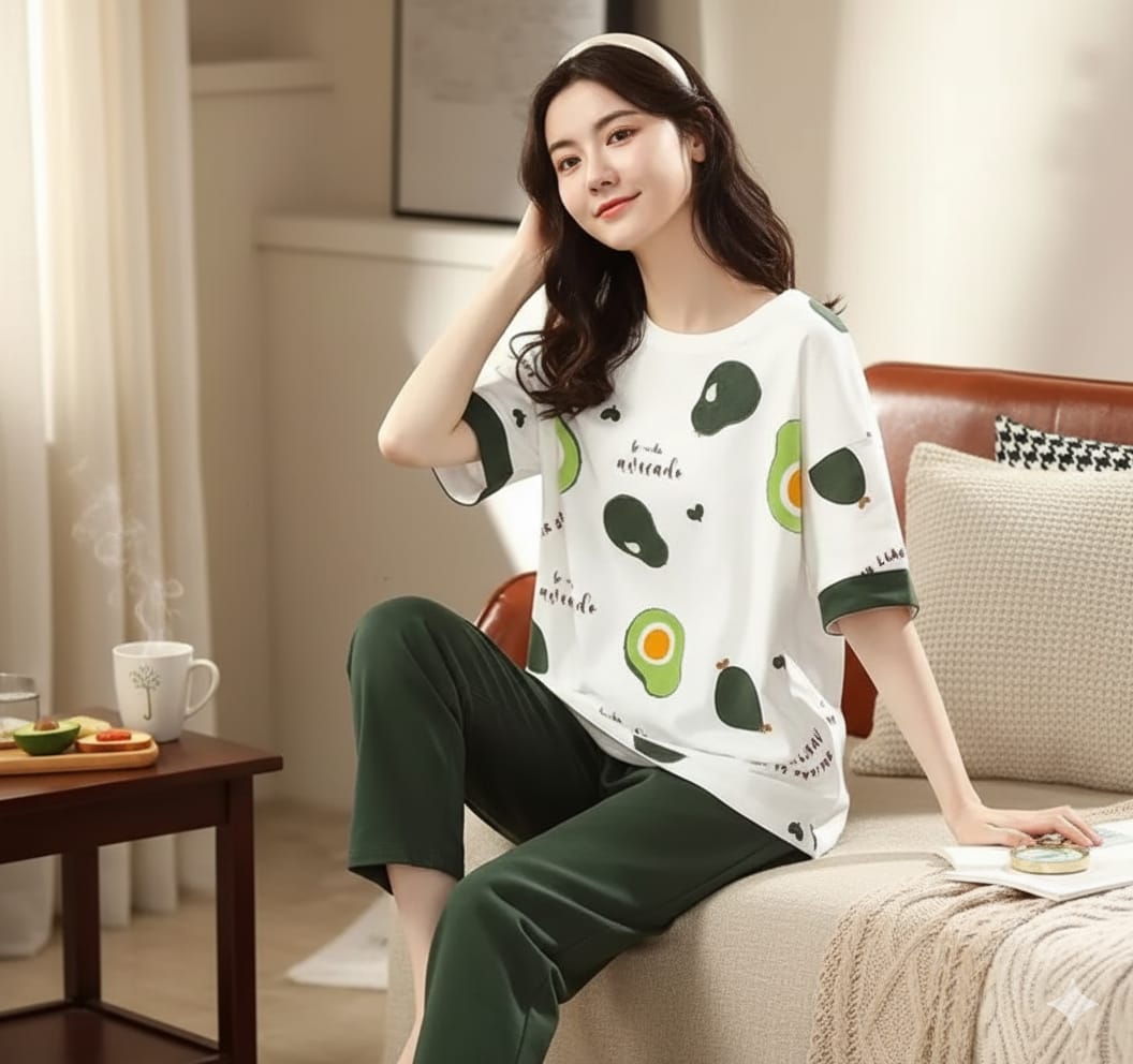 women night suit, avocado print ladies night suit, women sleepwear, ladies sleepwear, pajama set women, women pajama set, ladies pajama set, cotton night suit, printed night suit, women lounge wear, girls nightwear, women home wear, comfortable sleepwear,