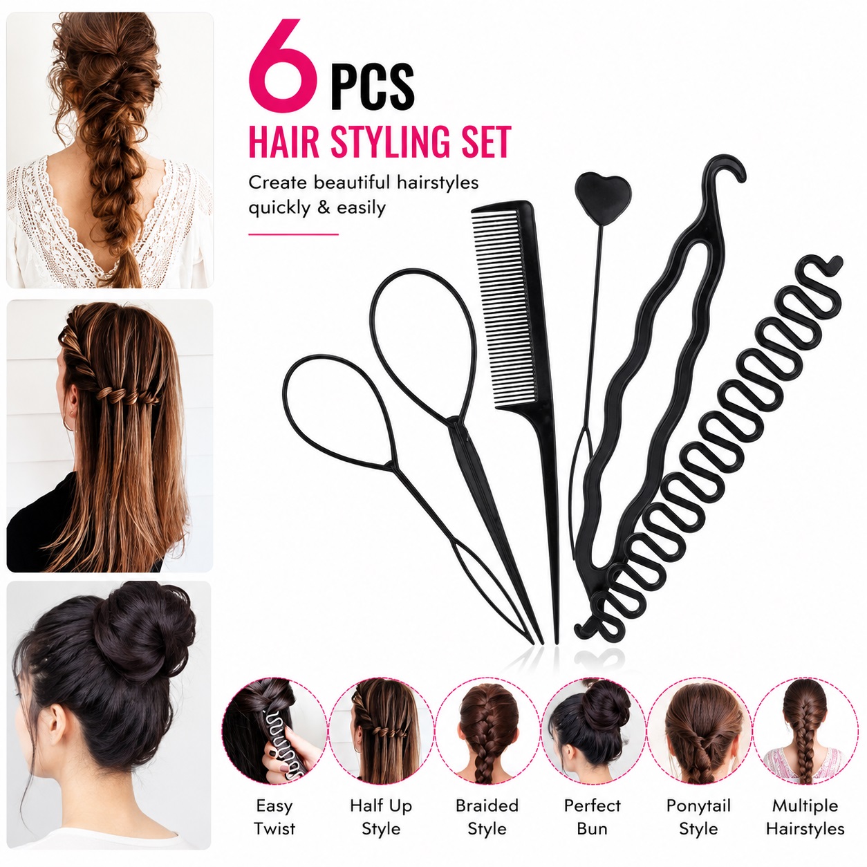 6PCS Hair Styling Set – Bun Maker, Ponytail, Twist & Braiding Tools for Women & Girls