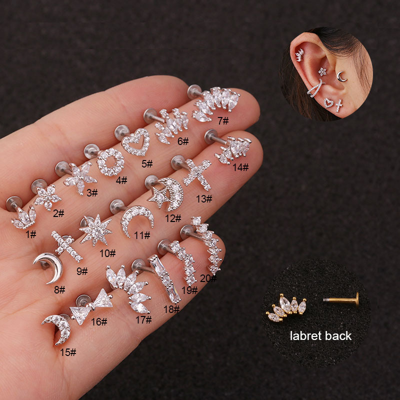 1Pc Flower Moon Ear Studs 20 Styles Flat Base Earring Cartilage Helix
