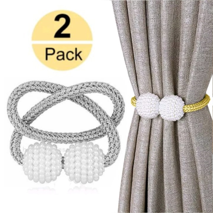 2 PCS Magnetic Pearl Curtain Buckle Magnetic Curtain Tiebacks Convenient Drape Tie European Style Decorative Weave Rope Curtain Rings & Buckles Holder for Window Sheer Blackout Draperies, Braided Straps Ball Buckles,  Parday