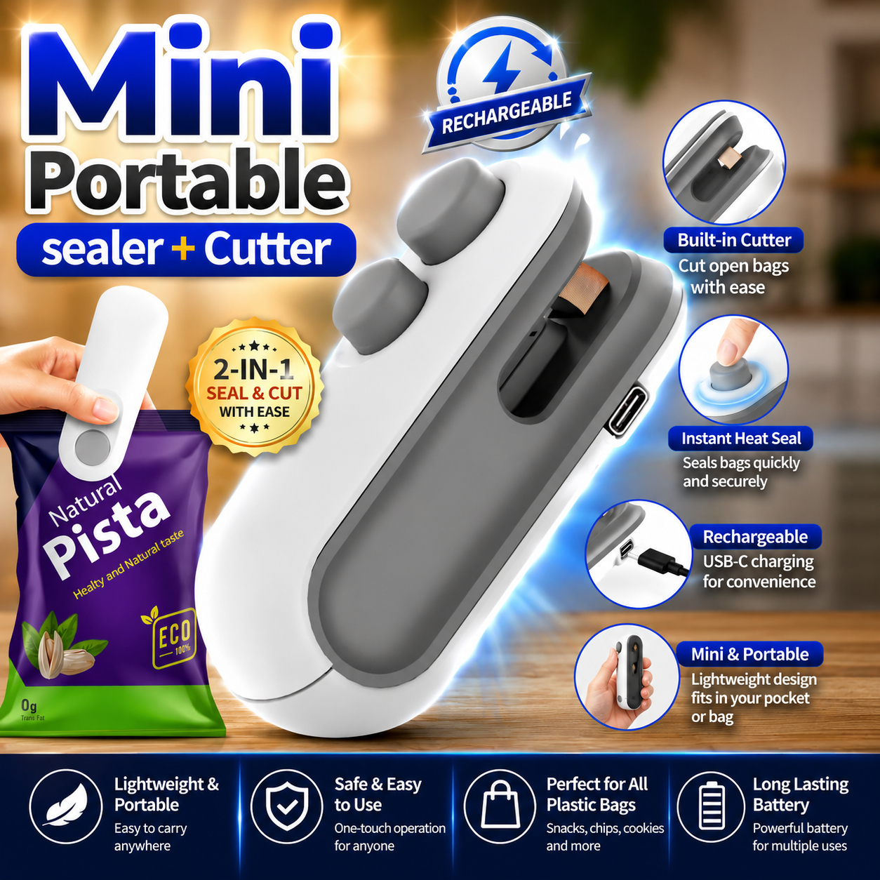 2 in 1 Mini  Sealing Machine USB Rechargeable Portable Heat Sealer & Bag Cutter Magnetic Food Snack Plastic Bag Sealer for Chips Fresh Food Storage