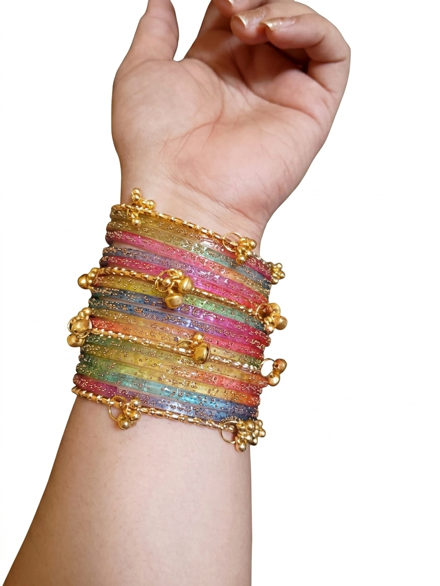 Premium Kashmiri Glass Bangle set for girls Golden Bead Charms - Traditional Kashmiri Style Lime Green Chooriyan for Party, Wedding & Mehndi Wear - Elegant Ethnic Jewelry for girls (Zarunza)
