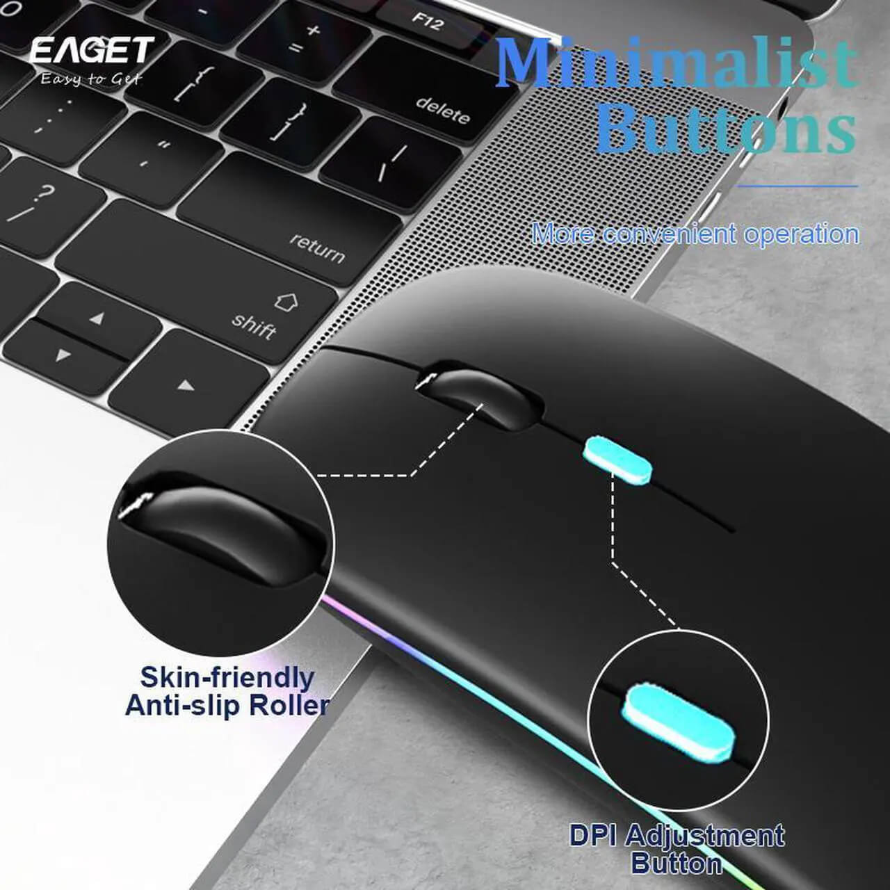 EAGET Wireless Bluetooth Mouse, Dual Mode Connectivity (Bluetooth 5.0 & 2.4G USB) Computer Mouse, Sleek, Portable, Compact Design
