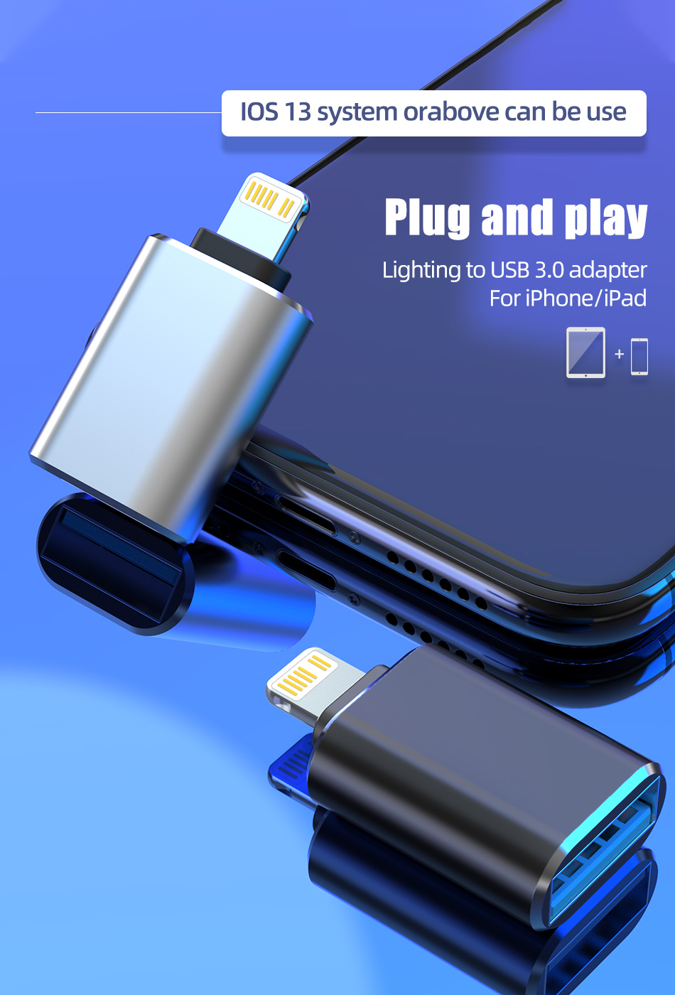 USB 3.0 OTG Adapter For iPhone 13 12 11 Pro XS Max XR X 8 Plus 7 6s iPad  Lighting Male to USB 3.0 Adapter for iOS 13 above