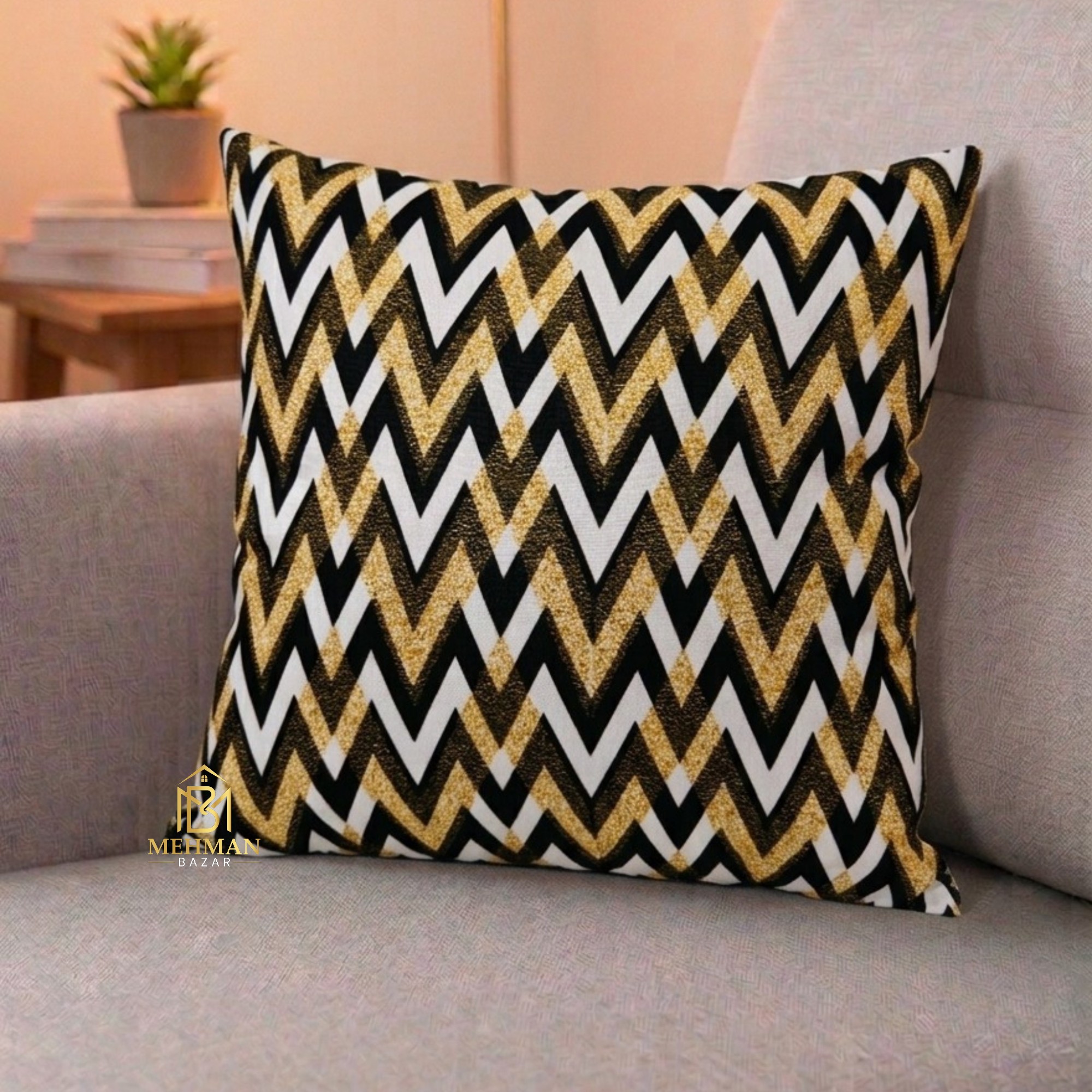 Chevron pattern Digital Print Cushion Cover 16x16 Front Velvet or Jute with Silk Back and Zip Closure by Mehman Bazar