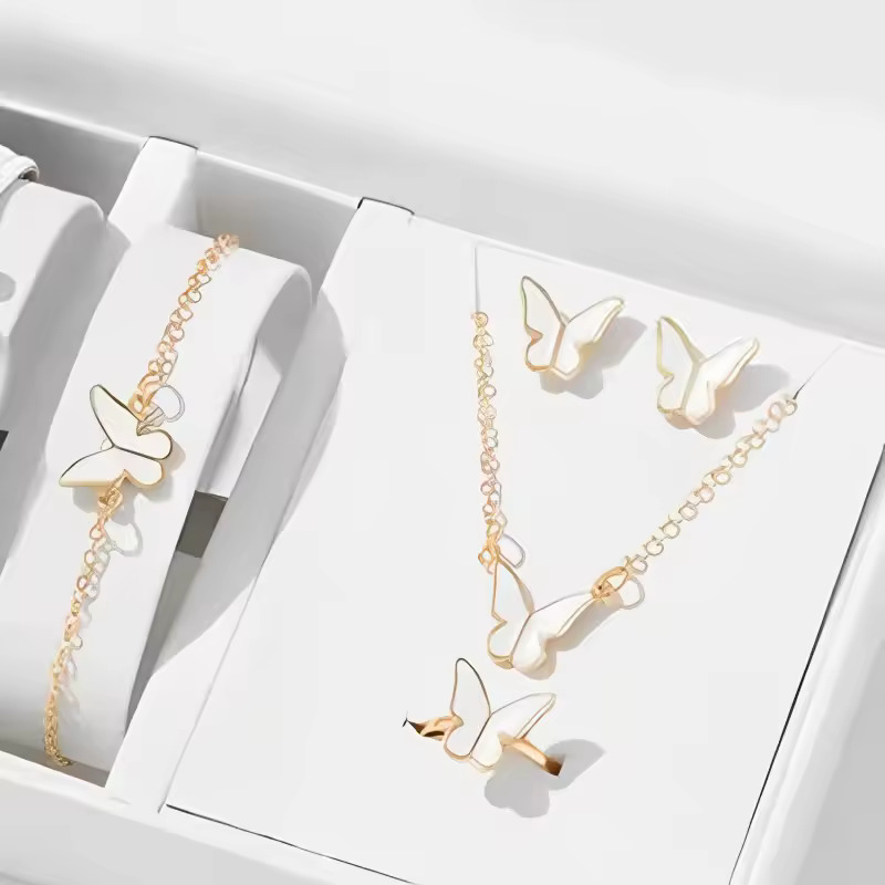 4Pcs Gold & White Butterfly Necklace Earrings Bracelet Ring Jewelry Set For Girls Fashion Party Jewelry Daily Wear Butterfly Jewelry Set