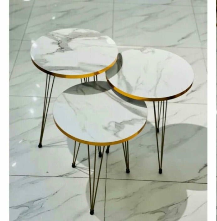 1 PCS - SET OF THREE PCS ROUND MARBLE COFFEE TABLE HIGH GLOSS NESTING- ROUND STACKING COFFEE SIDE TABLES WITH THREE STYLISH METAL LEGS FOR HOME & OFFICE.