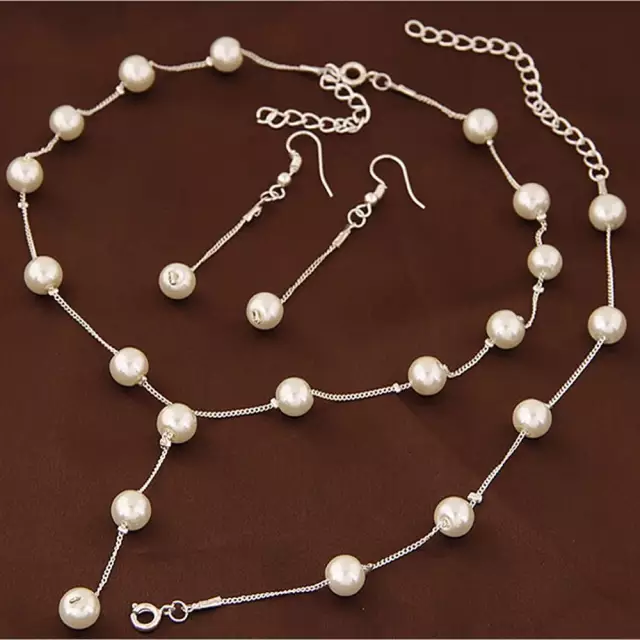 Wedding Pearl Necklace, Bracelet & Earrings Jewelry Set For Girls