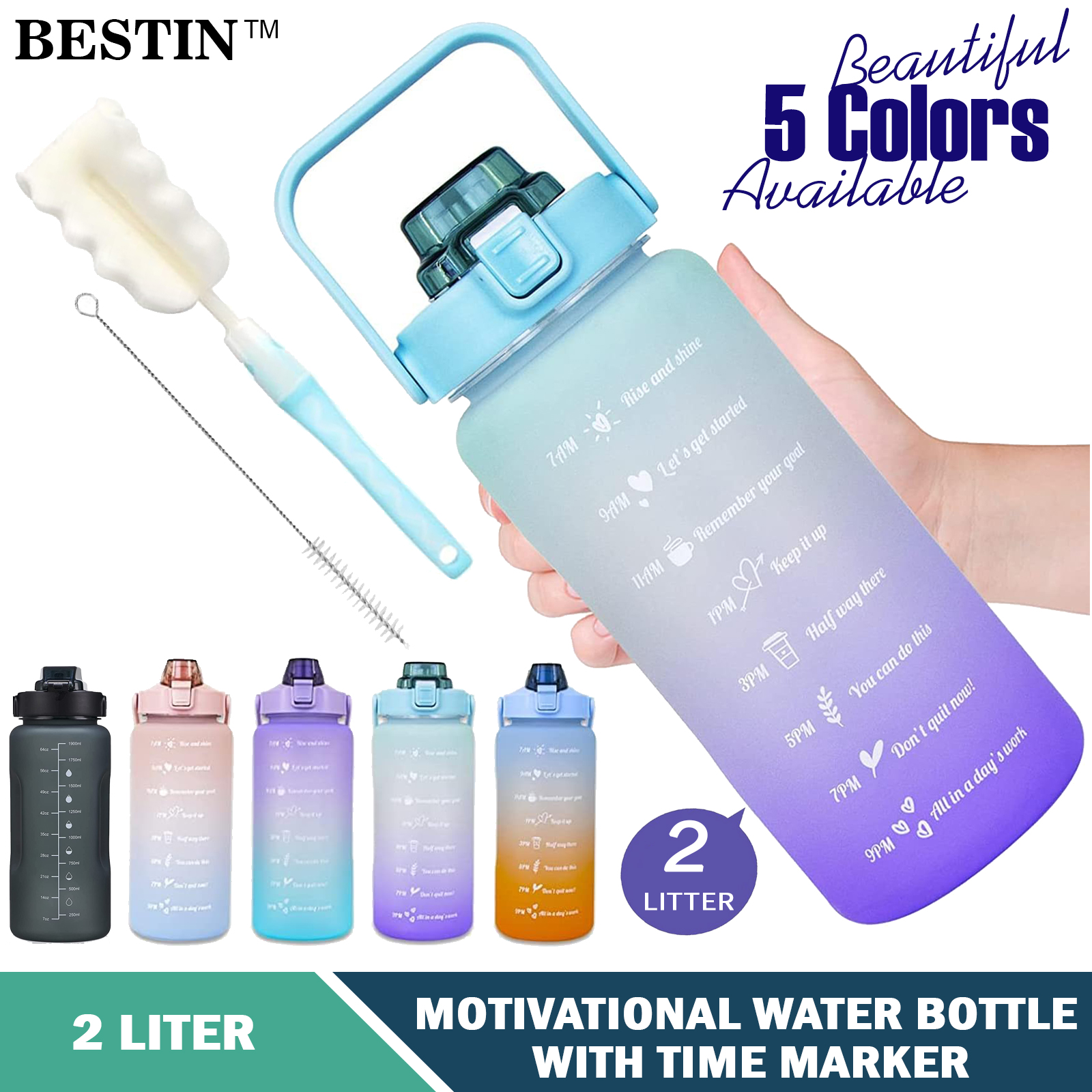 2000ml Motivational Water Bottle With Straw, 2L Gradient Color Drinking Water Bottle For Girls And Female Gym With Handle, Portable WaterBottle For School, Fitness, Outdoor Sports, BPA Free Grade Plastic Leak Proof Travel Water Bottles For Girls And Boys