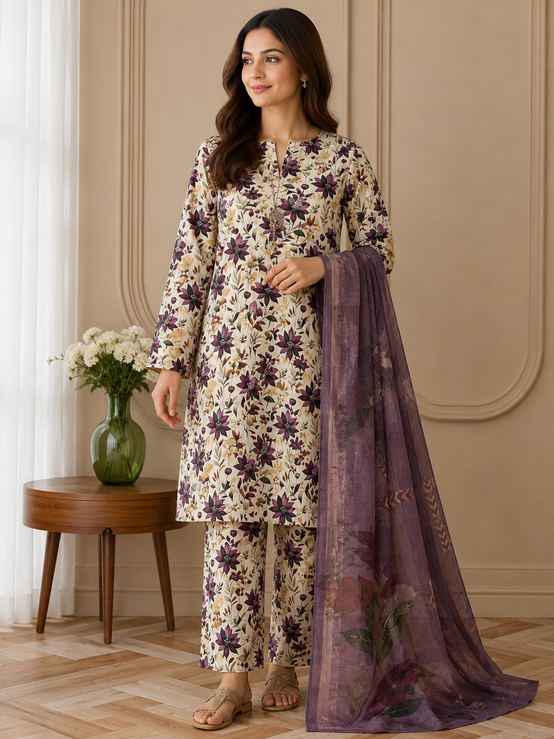 Malai Lawn Shirt And Trouser with Chiffon Dupatta 3 Piece Suit For Girls And Women